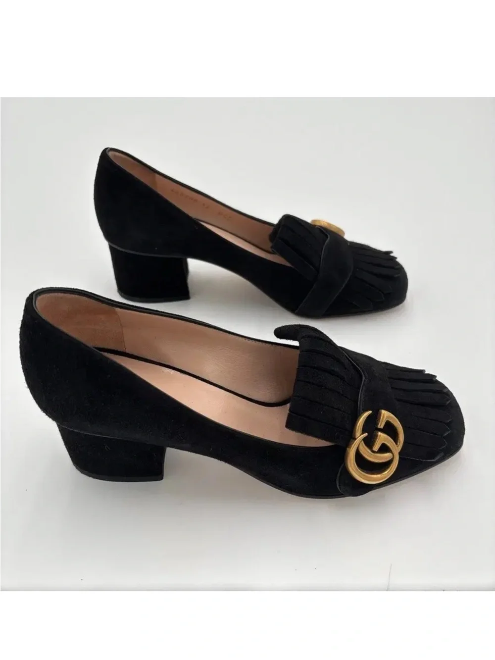 Gucci Black Suede Marmont Fringe Block Heel Loafers with Gold GG in Sz 38 1/2